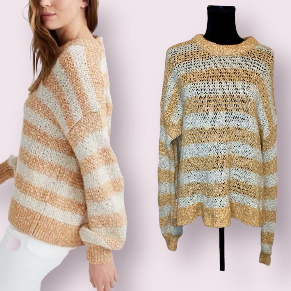 Madewell Oversized Striped Baez Pullover Sweater Orange Cream Size Large